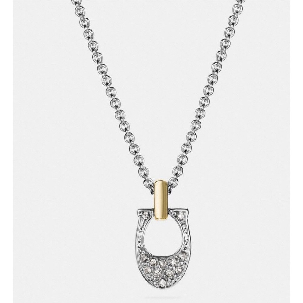 COACH Signature Necklace‎ with Pave Rhinestones Silver Hang Tag Clasp